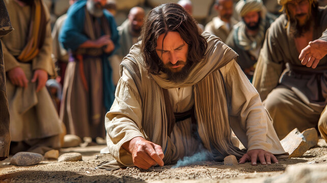 Jesus Christ is writing in the sand the sins of the people who are close to him