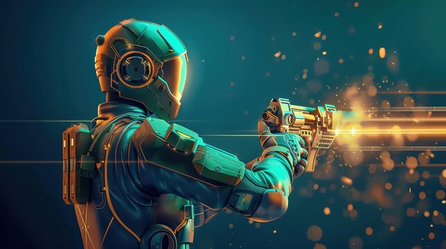 Amidst the ruins, a soldier with an exoskeleton aimed with precision, a fusion of human and machine, closeup