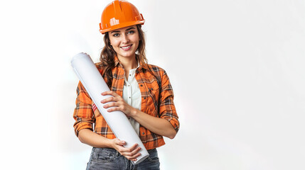 A engineer woman wearing an orange vest and a helmet holding a project scroll paper