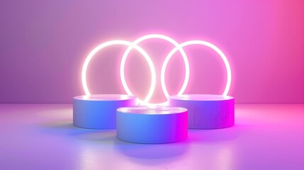 Realistic modern illustration of products display platform with glow bright ring or lens flare effect on studio background with floor, wall, and light neon circle.