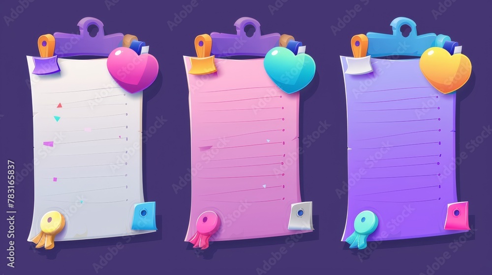 Poster notepad pages with stickers for memory writings on white and colorful paper. realistic modern illust