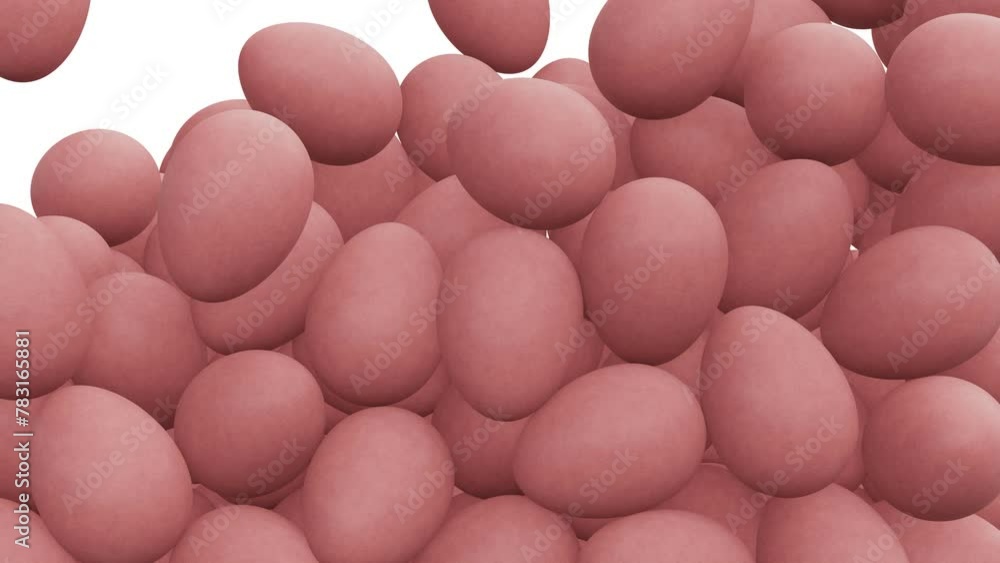 Poster realistic looping 3d animation of the pink chicken eggs falling from the top filling up the volume r