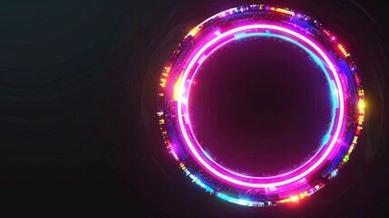 Glittering neon circle with glitch effect on a black background. Realistic modern illustration set of ring border with tv digital light bug. Round luminous shape with video lag and noise. - obrazy, fototapety, plakaty