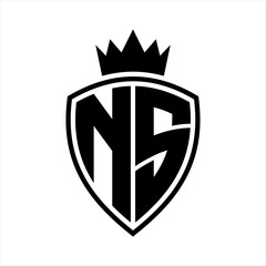 NS Letter monogram shield and crown outline shape with black and white color design