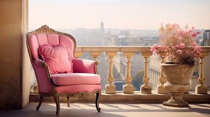sunlit pink chair - obrazy, fototapety, plakaty