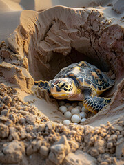 Turtle laying eggs on the beautiful beach. - 783166239