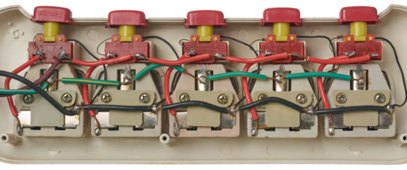connection of multi socket extension board, wiring an electrical outlet, power supply or voltage distribution in parallel isolated white background