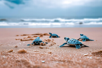 newborn turtle walking on the beautiful beach to she sea - 783166426