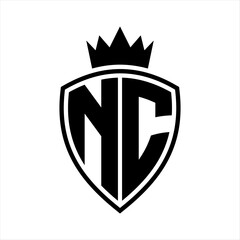 NC Letter monogram shield and crown outline shape with black and white color design