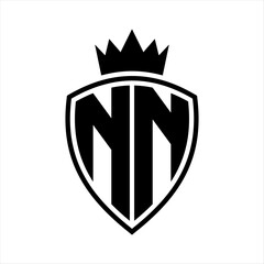 NN Letter monogram shield and crown outline shape with black and white color design