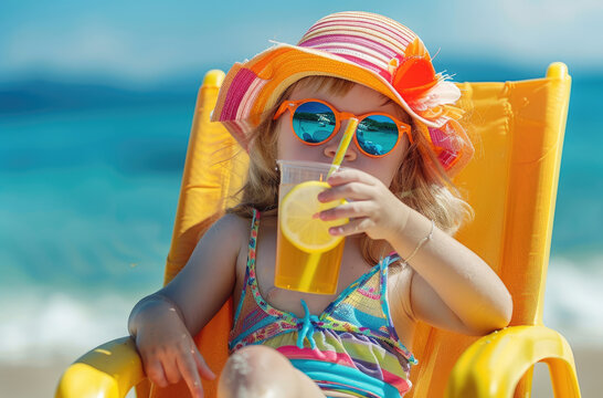 Photo of a little girl wearing a colorful sun hat and sunglasses, sipping lemonade on a yellow beach chair near the sea