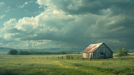 Fototapeta premium Rustic Barn in Lush Green Pastoral Landscape