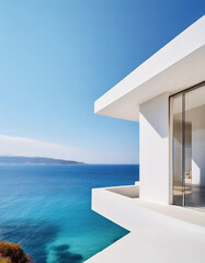 Obraz na płótnie Canvas Architectural detail of white modern Mediterranean house over turquoise sea and blue sky background. Minimal architecture building detail in coastline by ocean or sea