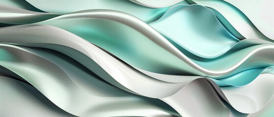 Abstract silver turquoise aquamarine satin, metallic metal waves texture background banner - Luxury pattern wall wallpaper backdrop with gradient line shapes 3d
