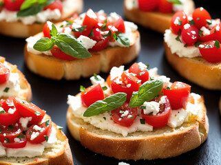 A platter of mini caprese sandwiches with fresh tomatoes, mozzarella cheese, and basil leaves on toasted bread.
