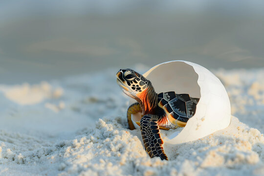 newborn turtle breaking the eggs shell on the beautiful beach.