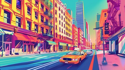 Bold and energetic illustration of a vibrant urban landscape