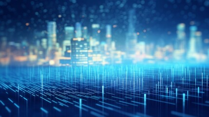 Fototapeta premium Digital Dawn: The Pulse of Urban Data Flow and High-Speed Tech Evolution in a Smart Cityscape. Blue and Orange Background Photo