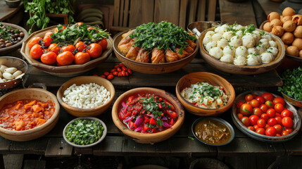 Variety of cuisine dishes, produce, and natural foods on the table