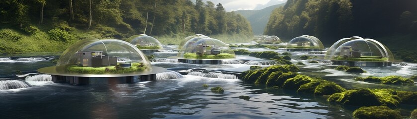 A series of domes floating on a river - obrazy, fototapety, plakaty