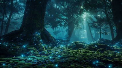 A serene forest glade illuminated by the soft glow of bioluminescent plants, casting an ethereal light on the moss-covered ground and towering ancient trees.

