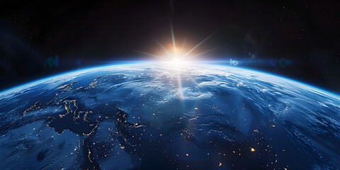 Obraz premium wide shot of the earth from space, blue horizon, black sky, bright sun in upper left corner, cinematic