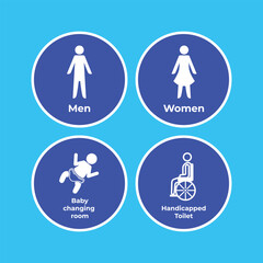 Blue and white colored men, women, baby changing room, and disabled handicapped toilet signages icon on circle background vector illustration. Simple flat cartoon styled drawing.