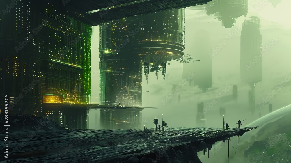 Poster conceptual design featuring a futuristic interpretation of neo brutalist architecture in a science f