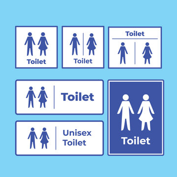 Blue and white unisex men women and gents ladies toilet sign age icon vector illustration set bundle isolated on square background. Simple flat doodle drawing collection.