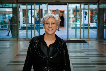 Portrait of smiling woman standing in corridor