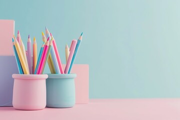 Back to school pastel background with stationery, kids supplies, alarm clock, green apple on table. Colorful paper, color pencils, stack of books. Copy space for text. Front view. Young student desk