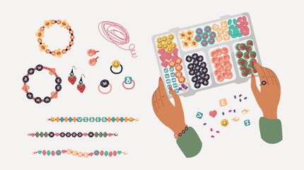 DIY Concept. Hand Making Accessories, Beaded Jewelry Organizer Box. Earring, bracelet, ring. Vector illustration