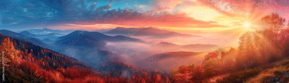 Wall mural Wide angle panorama of a mountain landscape against sunset sky.