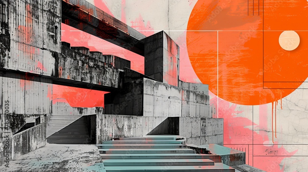 Poster digital collage incorporating elements of urban decay with the geometric forms of neo brutalist stru