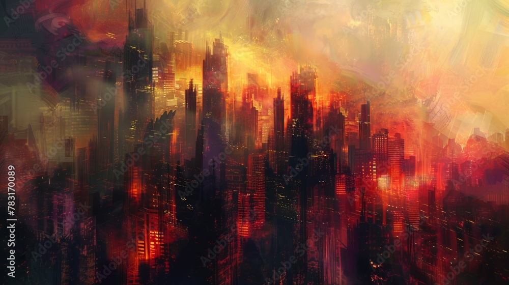 Poster digital painting capturing the dynamic energy and imposing presence of a neo brutalist skyline