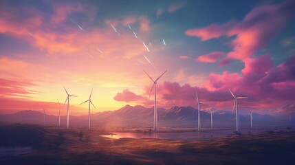 A beautiful sunset with a field of windmills in the background. The sky is filled with stars and the windmills are lit up - obrazy, fototapety, plakaty