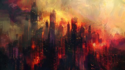 Digital painting capturing the dynamic energy and imposing presence of a neo brutalist skyline - obrazy, fototapety, plakaty
