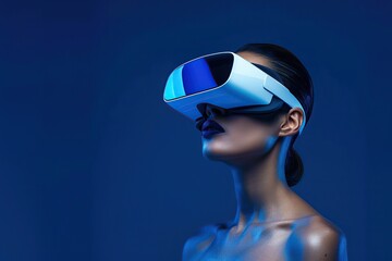 Elegant side view of a woman wearing VR glasses against a deep blue background. Beautiful stylish girl in VR goggles headset. Sleek futuristic banner for virtual reality game, application. Copy space
