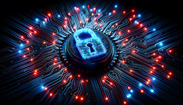 Glowing Security Padlock Icon on Circuit Board with Blue and Red Electric Traces