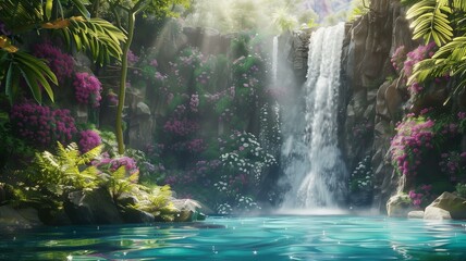 A majestic waterfall cascading down a sheer cliff face into a crystal-clear pool below, surrounded by lush foliage and vibrant flowers in full bloom. 

 - obrazy, fototapety, plakaty
