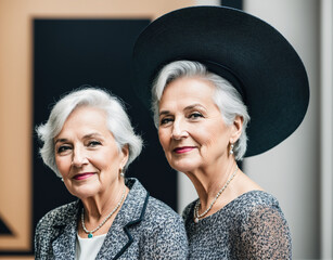 Two elderly women standing next to each other, both wearing hats and smiling at the camera.
