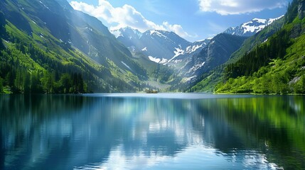 peaceful landscape with lake and mountains among wilderness,  sky reflection in water