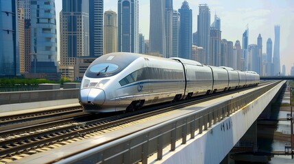 Naklejka premium high speed, modern train against cityscape; railway transport 