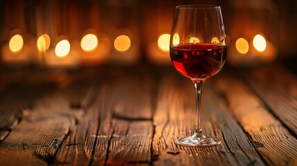 red wine glass on wooden rustic table, blurred bokeh lights in background