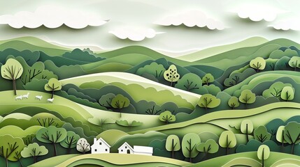 Obraz premium Elegant paper-cut illustration of a serene countryside landscape