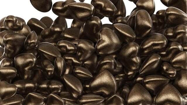 Realistic 3D animation of the powder coated metal hearts falling from the top filling up the volume rendered in UHD with alpha matte