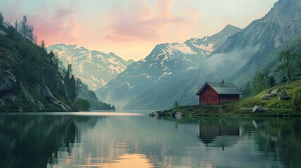 Fototapeta premium A tranquil lakeside retreat nestled among rolling hills and towering mountains, where a quaint wooden cabin reflects in the glassy waters of the lake under a pastel-colored sky.