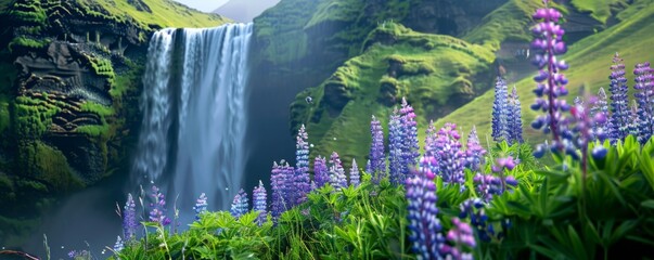 Waterfall flows through purple flowers in mountain landscape