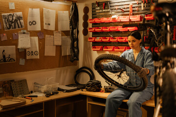 young caucasian female cycling mechanic checking bicycle wheel in workshop or garage. Bike service,...