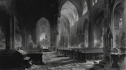 Exquisite engraving of a Gothic-style cathedral illuminated by candlelight - obrazy, fototapety, plakaty